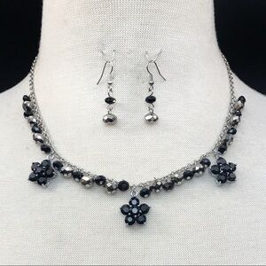 Black Bead Flower Necklace Earrings Set